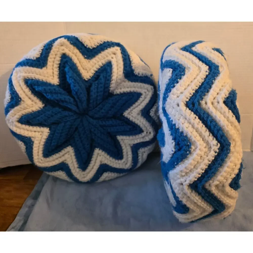 Vintage Crochet Round Pillow Pair Blue Cream Starburst Granny Handmade 3D